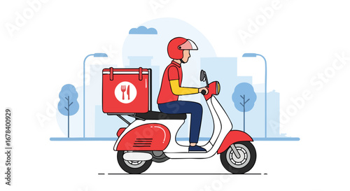 Efficient food delivery service with courier on scooter navigating cityscape with streamlined vector design for modern convenience