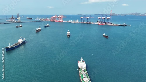 Many Oil Crude Gas Tanker Ship, Cargo container Ship offshore mooring at Ocean Bay Petroleum Chemical export import transportation and logistics