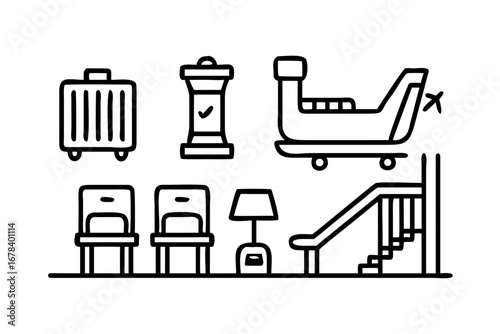 Vector art of airport waiting area with luggage, chairs, and stairs