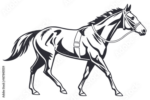 Elegant Monochrome Horse Illustration Showcasing Graceful Movement and Refined Design with Equestrian Gear Depicted in Striking Detail and Artistic Expression