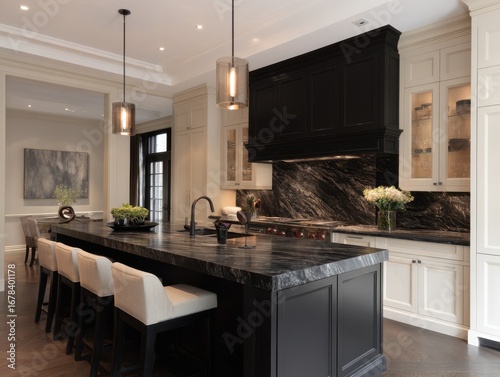 A sophisticated kitchen boasts dark cabinetry accented by a dramatic backsplash of black and white granite, creating a stylish and modern aesthetic.