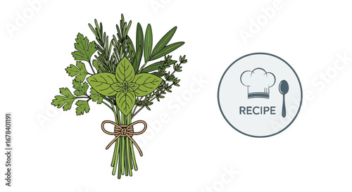 Botanical recipe concept featuring a tied bouquet of fresh herbs and a recipe icon, evokes culinary creativity and natural flavor enhancements