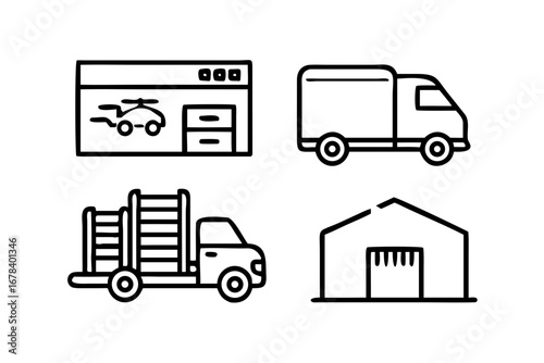 Vector art of delivery service with truck, warehouse, online shop