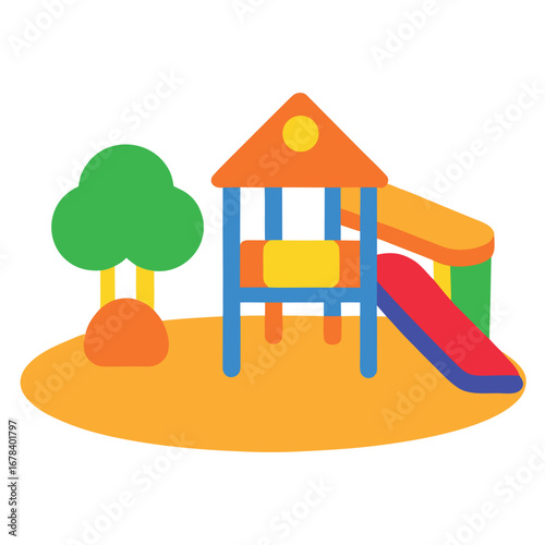 Cartoon playground with sandbox and climbing frame illustrated in bright style Vector illustration