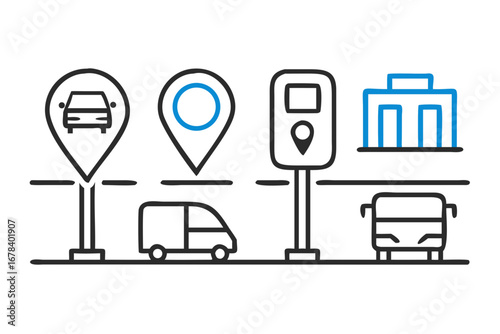 Vector art of transportation and location icons including car, van, bus, and parking meter
