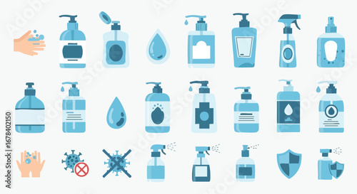 Diverse collection of hygiene product icons representing sanitation practices and virus prevention measures against germs for health and cleanliness