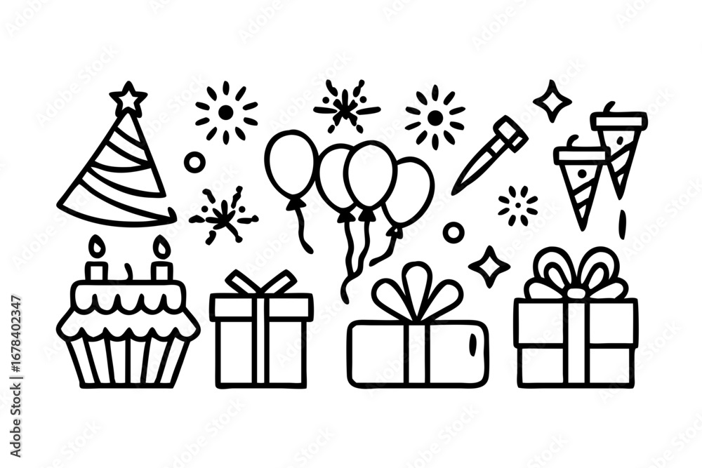 Fototapeta premium Birthday party celebration with cake, balloons, gifts and hat