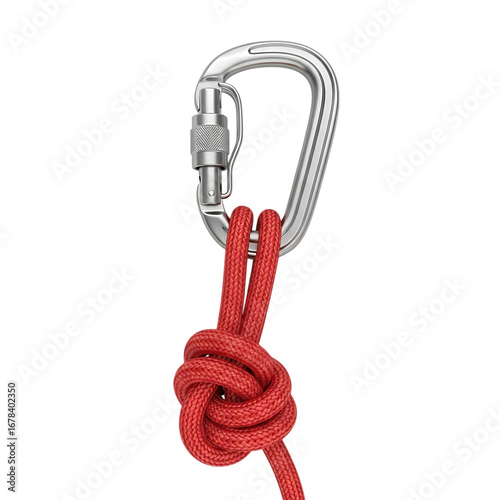 Close up of metal carabiner clip securing a thick red rope tied with a strong knot isolated on transparent background