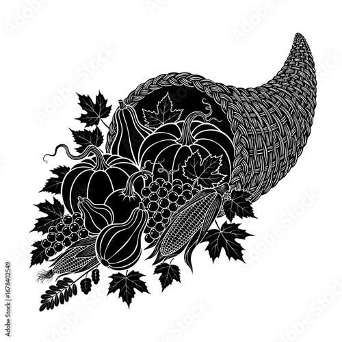 Abundant harvest cornucopia overflowing with pumpkins, gourds, grapes, and corn, symbolizing bounty