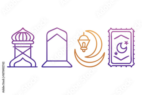 Ramadan kareem elements with mosque, moon, star, lantern