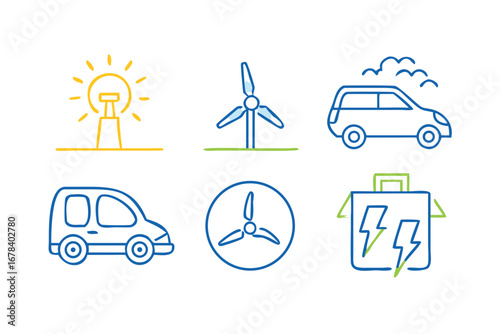 Renewable energy sources and electric vehicle icons
