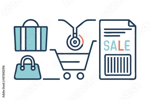 Shopping bags, cart with stethoscope and sale document