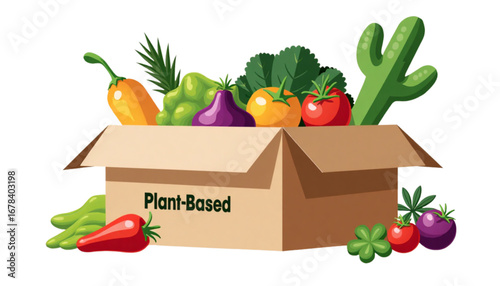 Open cardboard box labeled "Plant-Based" filled with fresh vegetables and herbs including peppers and broccoli 