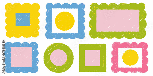 Colorful scalloped frames with geometric shapes and pastel fillers