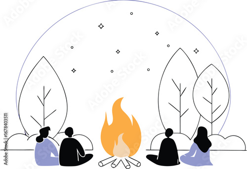 People are sitting around the campfire at night