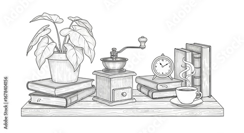 Vintage inspired monochrome shelf scene with houseplant and coffee cup