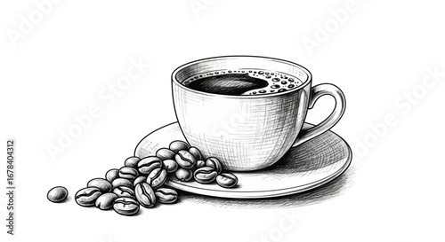 Artistic monochrome illustration of coffee cup with scattered coffee beans