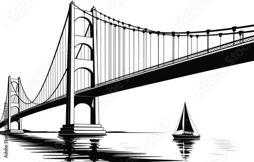 Golden Gate Bridge Black and White Illustration with Sailboat.