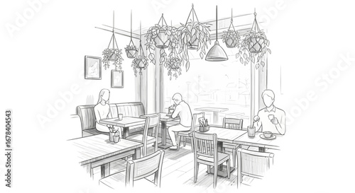 Cafe Interior Sketch with People, Plants, and Window View in Monochrome