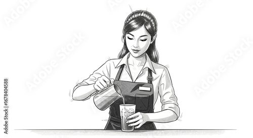 Charming waitress pouring refreshing drink, detailed illustration of service