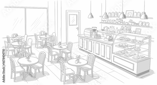 Cozy cafe interior sketch with tables, chairs and pastry display case