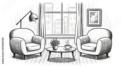 Cozy living room sketch with chairs, coffee, and a cityscape view