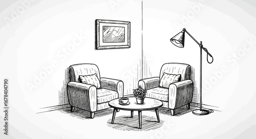 Cozy living room nook in a minimalist sketched black and white style