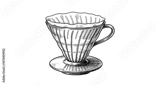Detailed hand-drawn sketch of a pour-over coffee dripper with paper filter