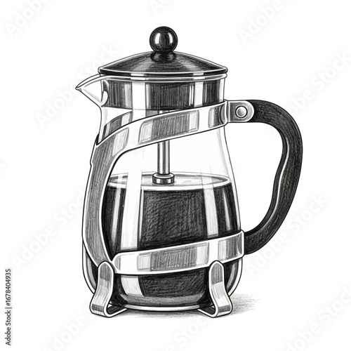 Detailed illustration of a french press coffee maker in monochrome style