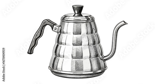 Detailed illustration of a sleek metallic gooseneck kettle on a white background