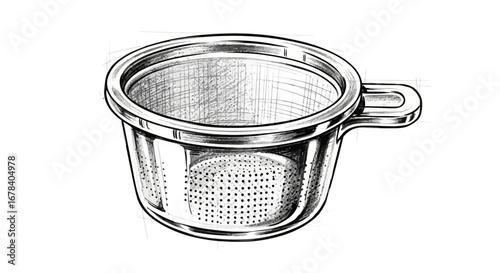 Detailed line art illustration of a tea infuser with a handle for brewing