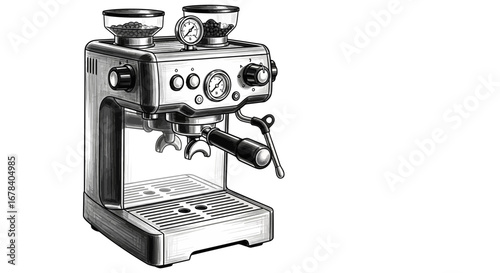 Detailed Line Art of a Modern Espresso Machine with Coffee Beans