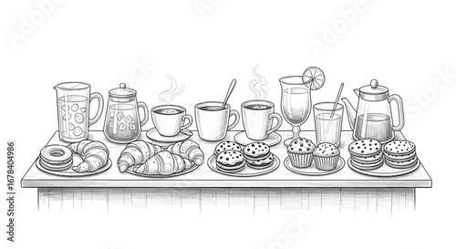 Detailed line art illustration of an elaborate breakfast spread on counter