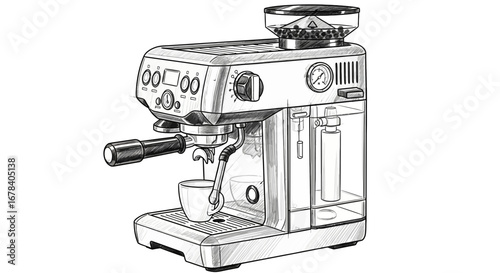 Detailed sketch illustration of a semi-automatic home espresso machine