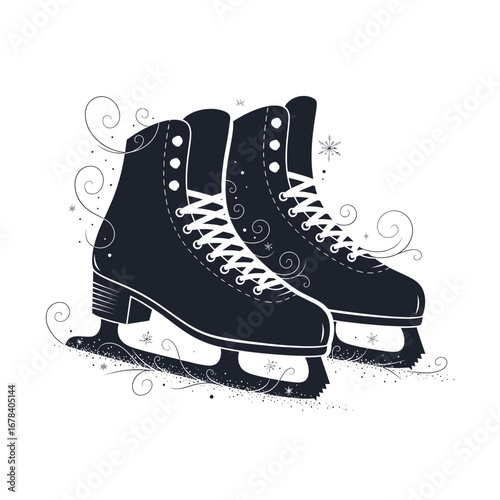 Elegant ice skates with decorative swirls and snowflakes evoke winter magic and athletic grace