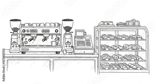 Detailed sketch of a cafe setting with equipment and baked goods display