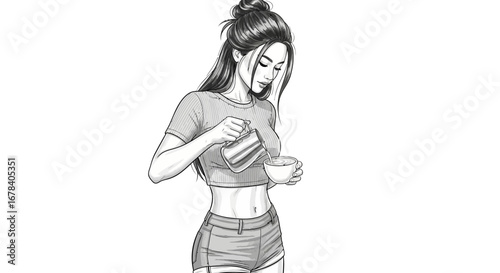 Elegant artwork displaying a woman pouring hot coffee with precision and flair
