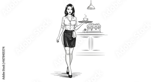 Elegant barista illustration delivering coffee in minimalist monochrome style