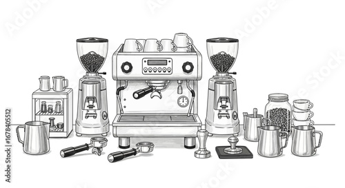 Elegant Coffee Bar Sketch with Espresso Machine, Grinders, and Accessories