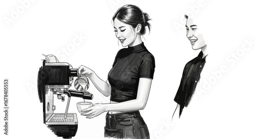 Elegant grayscale illustration of barista preparing latte art with espresso machine