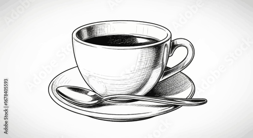 Elegant line art illustration of a coffee cup with spoon and saucer