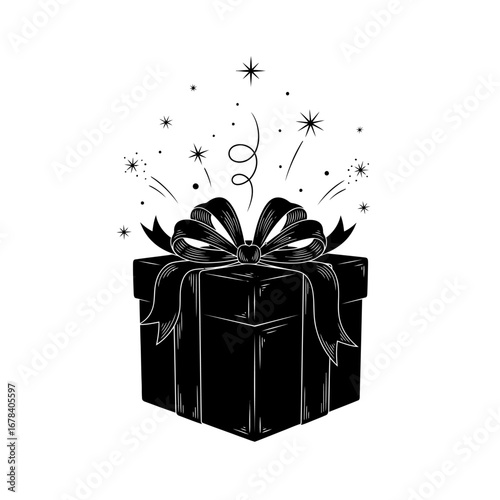Celebrate surprise with a stylish black gift box featuring festive sparkles and a ribbon bow