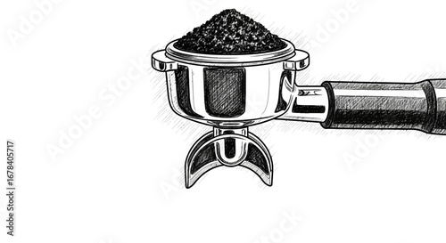 Elegant Monochrome Sketch of a Portafilter Loaded with Coffee Grounds