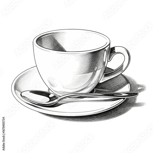 Elegant monochrome sketch of a teacup, saucer, and spoon on a white backdrop