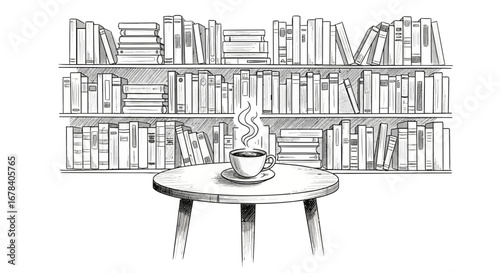Elegant sketch of a bookshelf filled with books and a coffee cup on a table