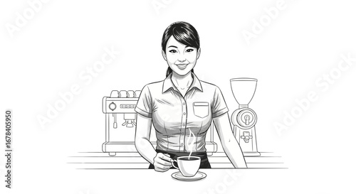 Friendly barista with coffee in monochrome sketch style illustration