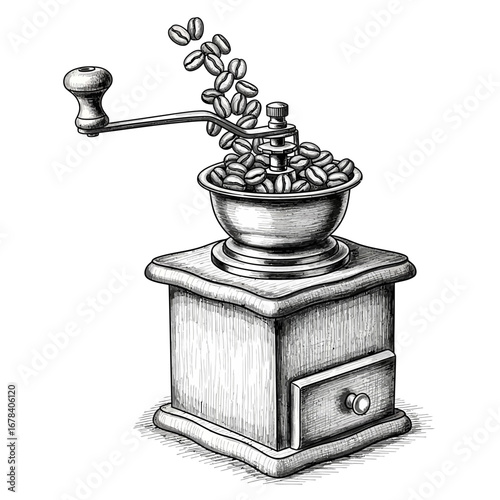 Hand drawn vintage coffee grinder illustration with falling coffee beans