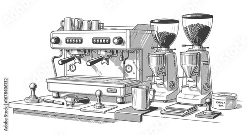 Hand-drawn illustration of professional barista tools, equipment, and accessories