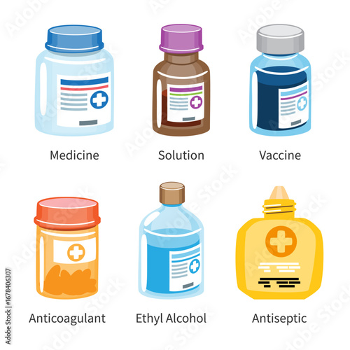 Set of medicine and pharmaceutical bottles cartoon illustration . Vector .
