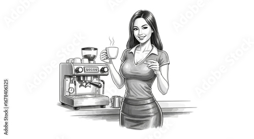 Illustration of Barista Holding a Coffee Cup Near Espresso Machine at Cafe